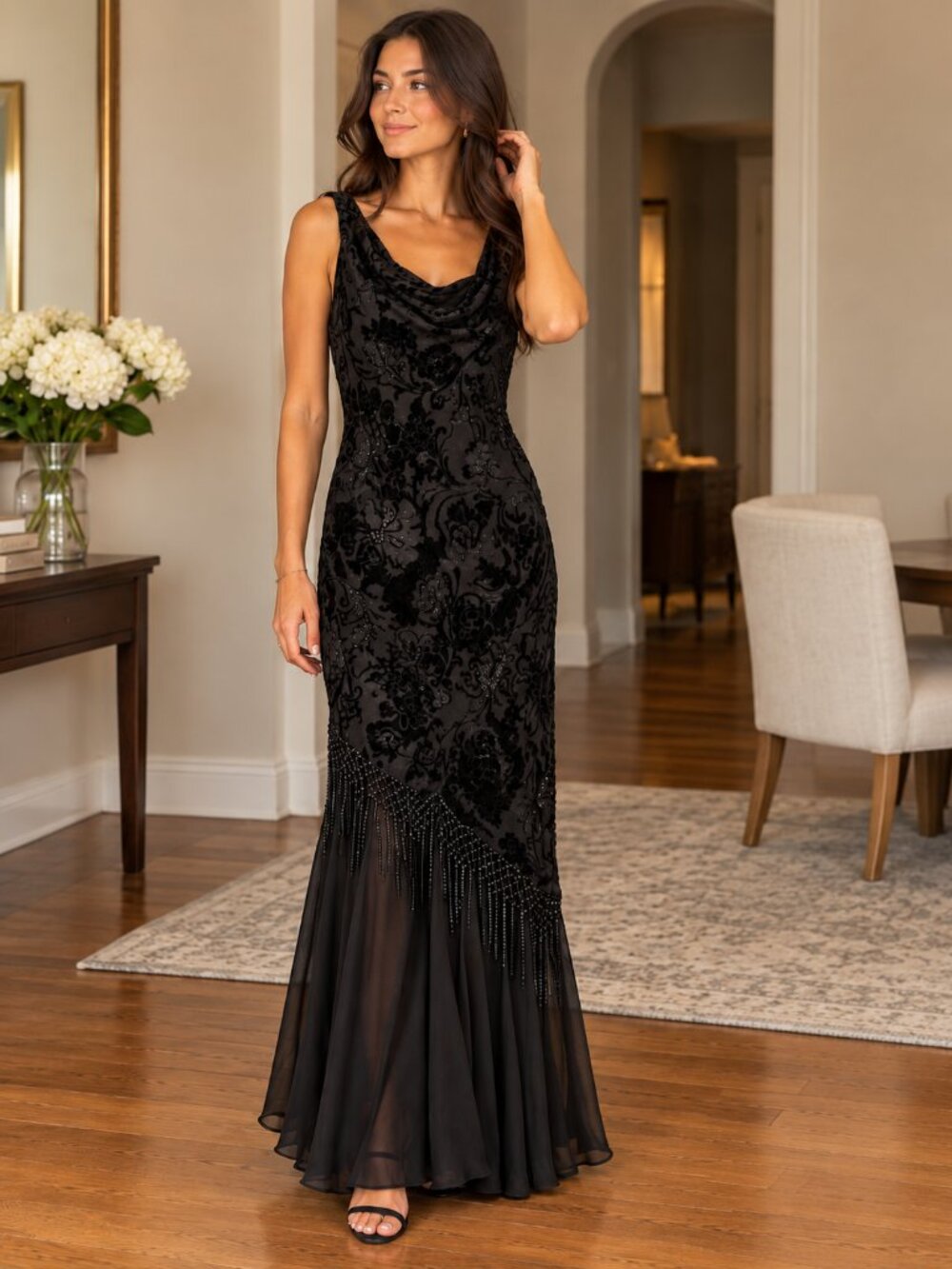 Alex Evening Black Burnout Gown,